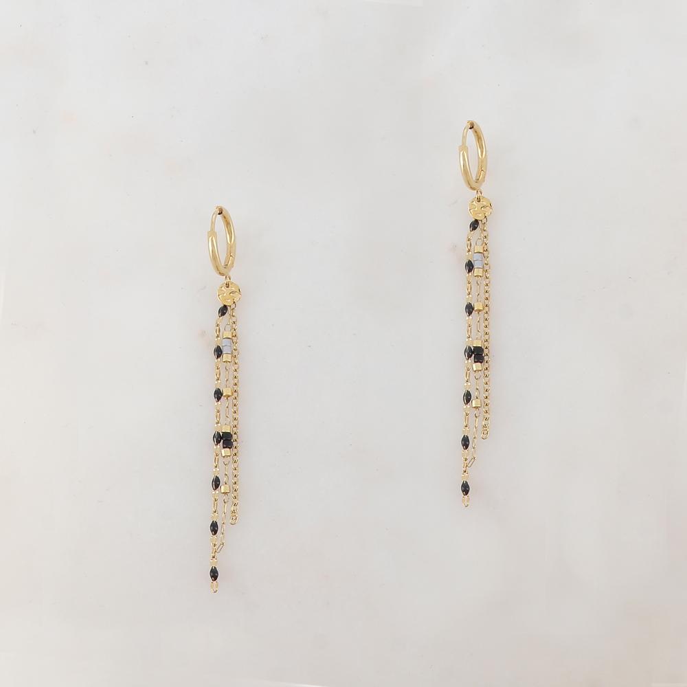 Créoles pendantes avec 3 chaines, pampille ronde, petites rondelles et pièces émaillées 1,2 x 6,8 CM.