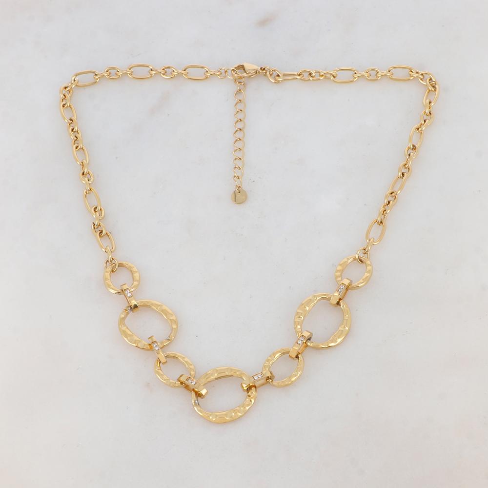 Collier en maille doré embelli de multi-anneaux et de strass blancs 40+5 cm
