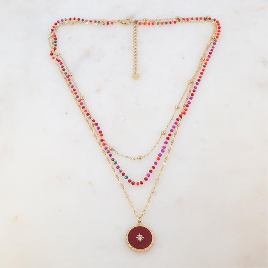 Collier 3 rangs avec perles émaillées, petites boules, pendentif rond émaillé, étoile et strass (40/42/45+5CM)
