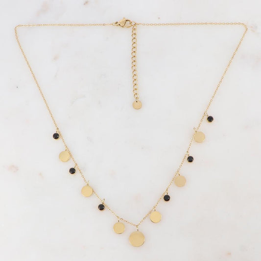 Collier doré avec pampilles rondes et strass noirs 40+5 cm