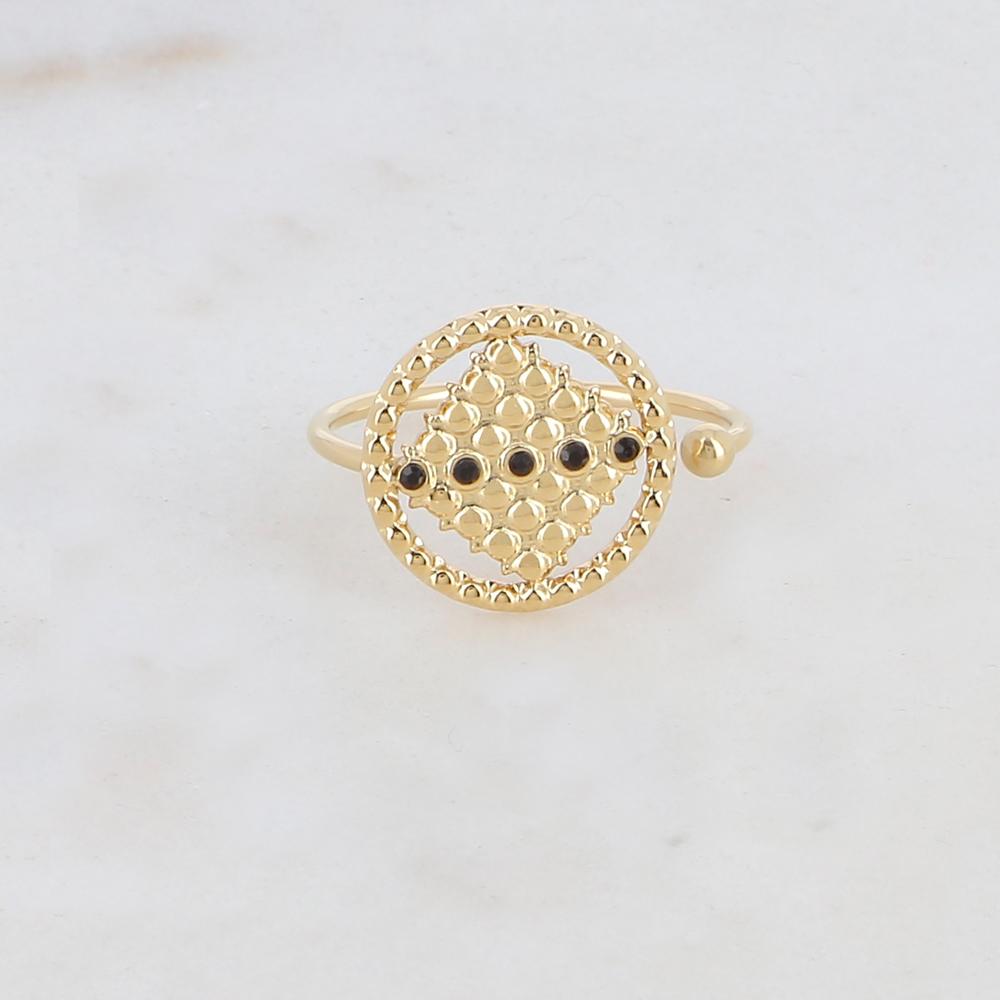 Bague fine réglable avec pièce ronde ajourée de façon géométrique, 5 strass - Noir