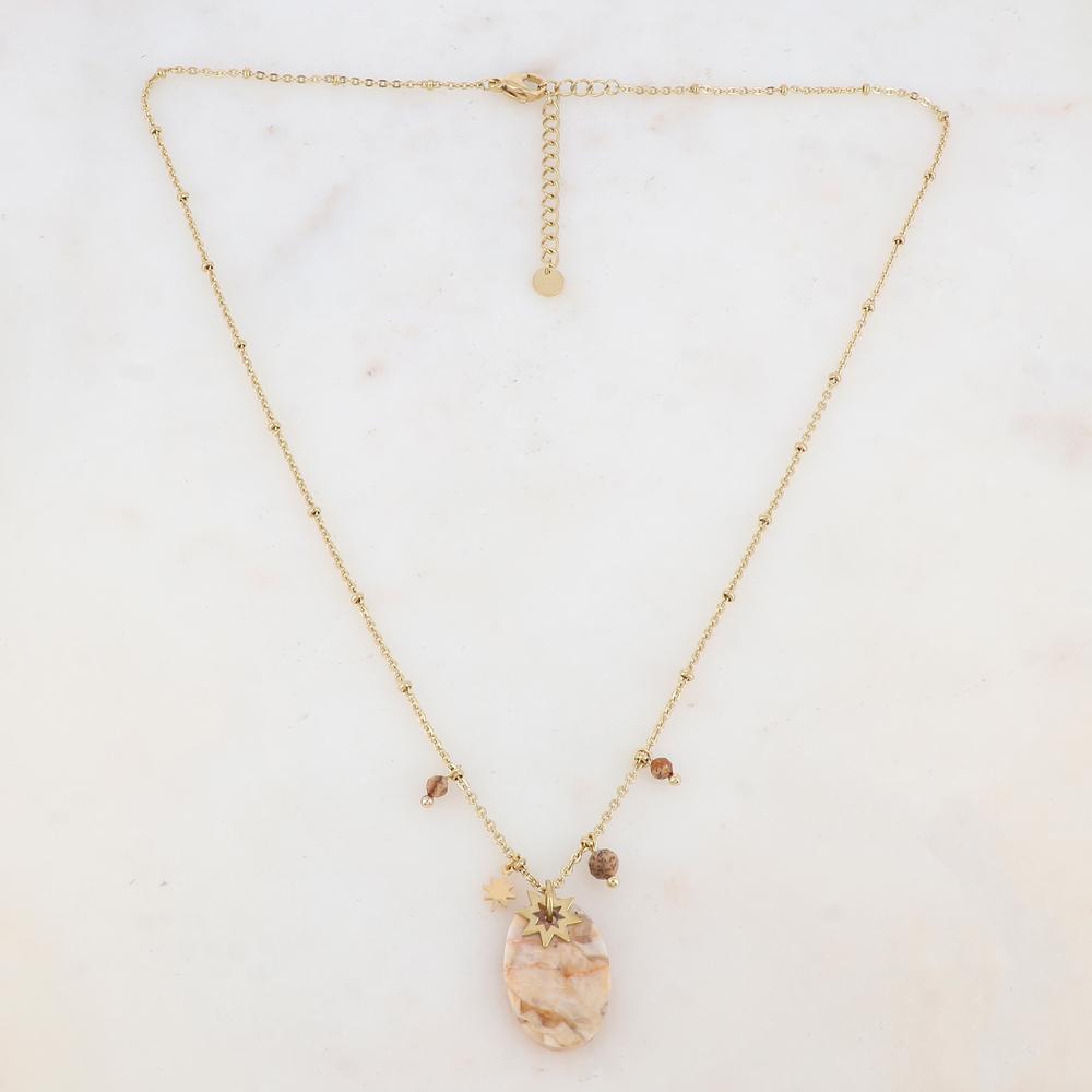 Collier avec pampilles étoiles et pierre beiges 45+5 cm