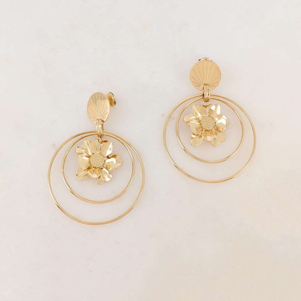B.O à puce avec pièce ronde, 2 anneaux lisses, fleur Dimensions B.O : 4,3 x 6,1 cm