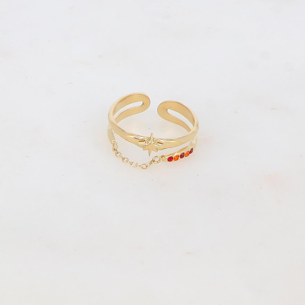 Bague 2 rangs avec chaîne, étoile et 5 strass