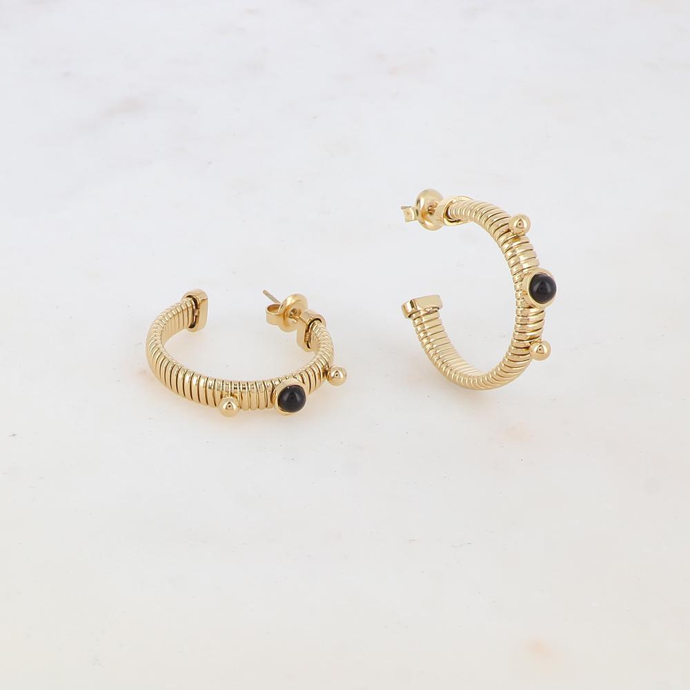 Créoles à puce rainurées avec 2 petites boules et 1 pierre naturelle ronde 2,7 x 3 CM.