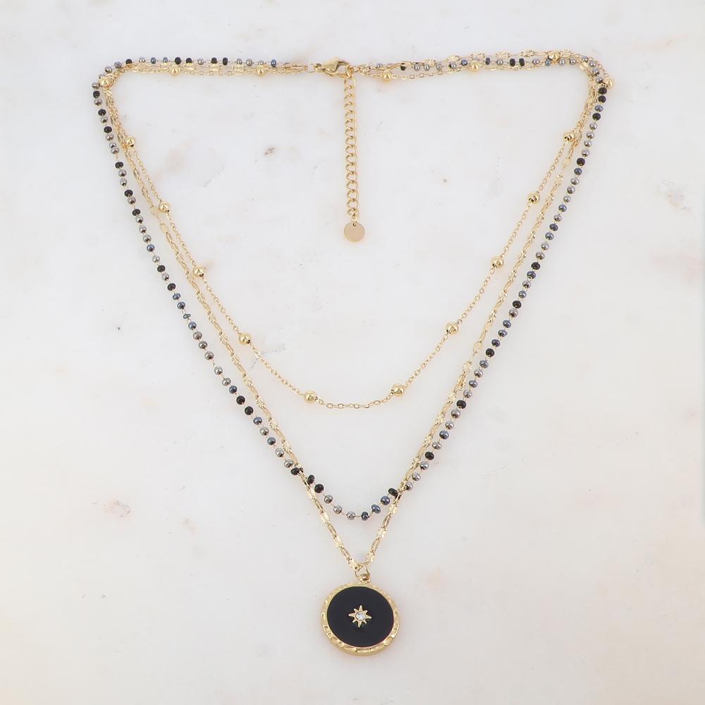 Collier 3 rangs avec perles émaillées, petites boules, pendentif rond émaillé, étoile et strass (40/42/45+5CM)