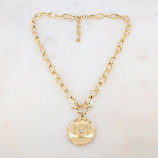 Collier en maille avec pendentif rond, étoile et strass (45+5CM)