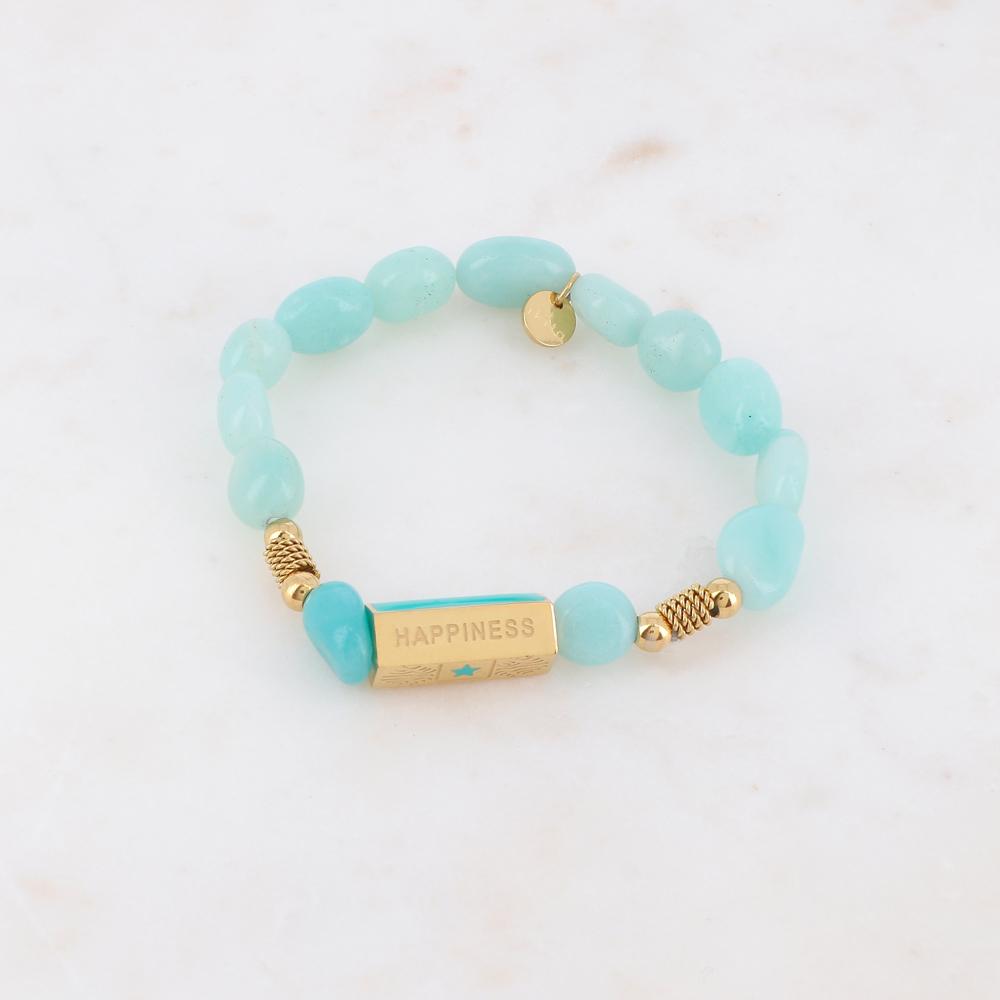 Bracelet élastique avec pierres naturelles, boules, chaînes torsadées, pièce géométrique en 5 faces - Amazonite