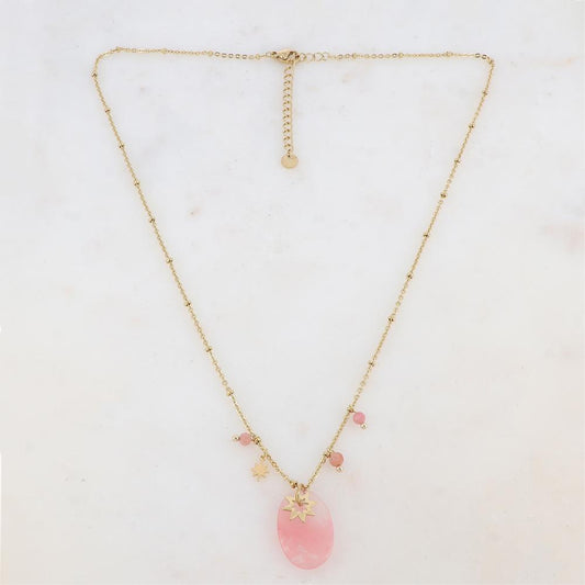 Collier avec pampilles étoiles et pierre agate rose 45+5 cm
