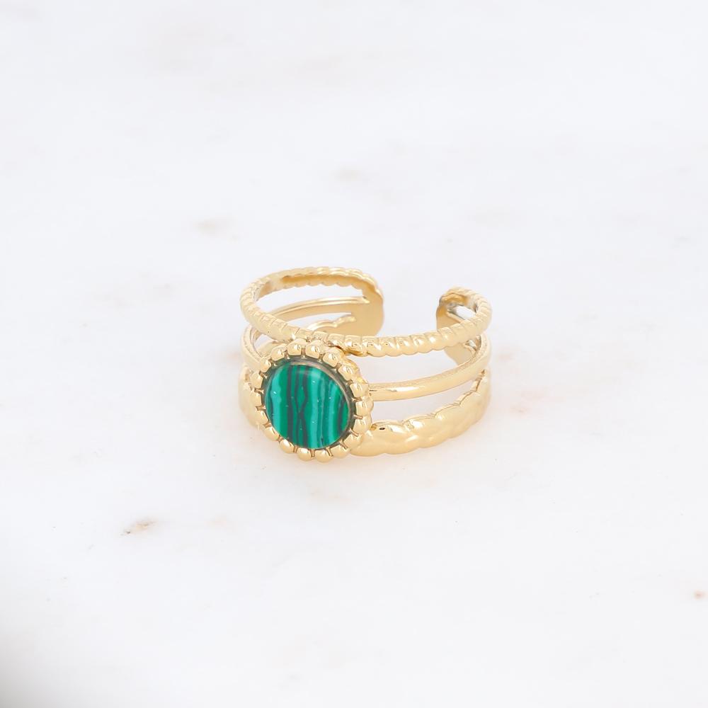 Bague 3 rangs avec une pierre reconstituée ronde - Malachite