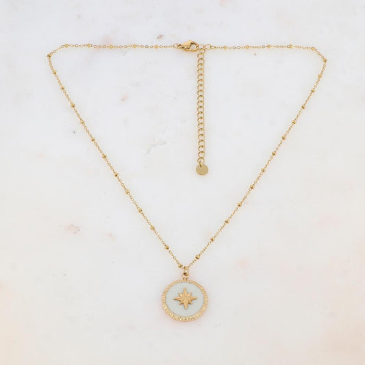 Collier avec pendentif rond émaillé blanc et étoile (38+7CM)