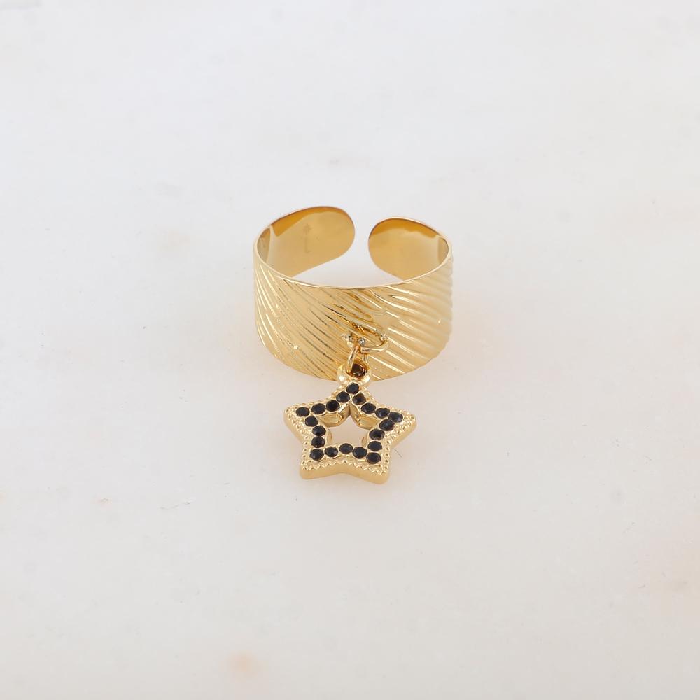 Bague effet rayé avec pampille étoile et strass - Noir