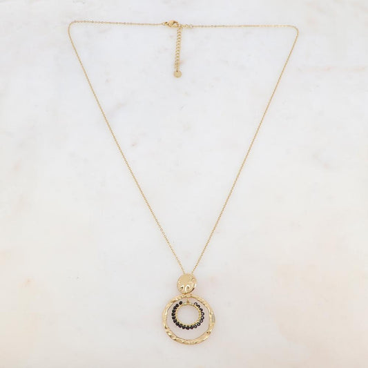 Collier avec pièce ronde, deux anneaux et perles de rocaille beiges (55+5CM)