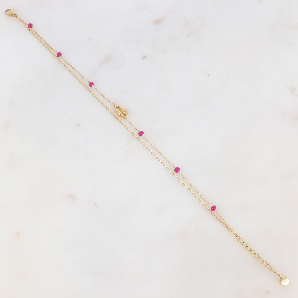 Chaîne de cheville deux rangs avec boules émaillées et cauri (22 + 3CM)