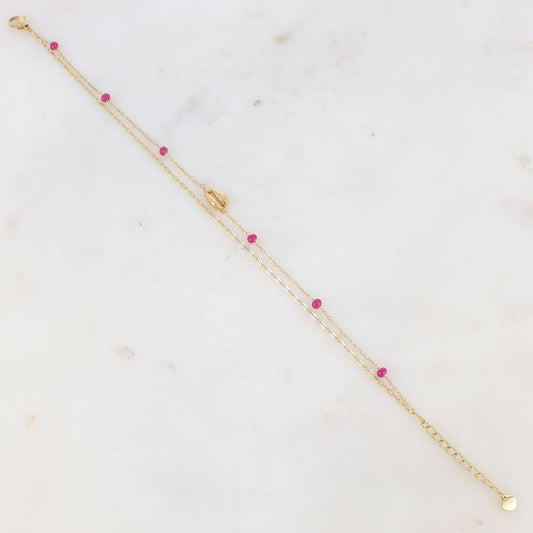 Chaîne de cheville deux rangs avec boules émaillées et cauri (22 + 3CM)