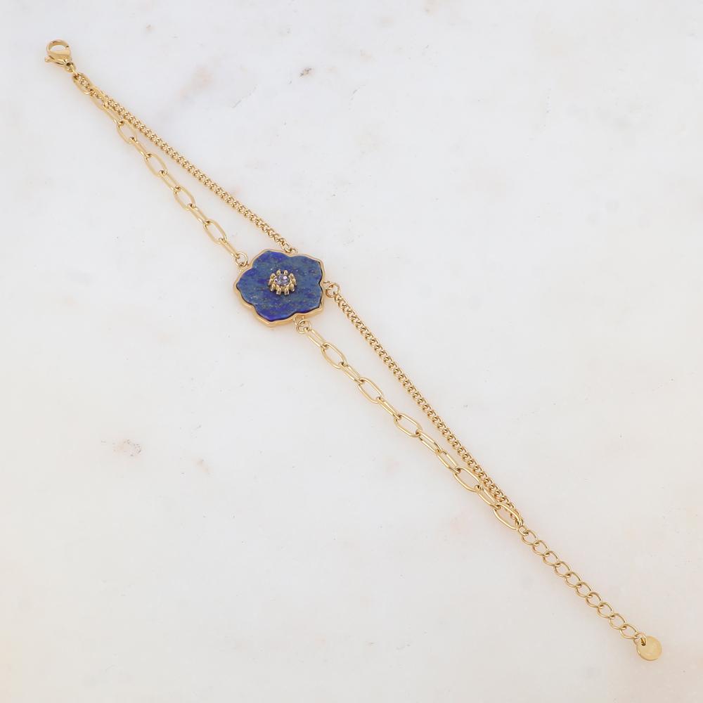Bracelet deux rangs avec fleur en pierre naturelle, strass