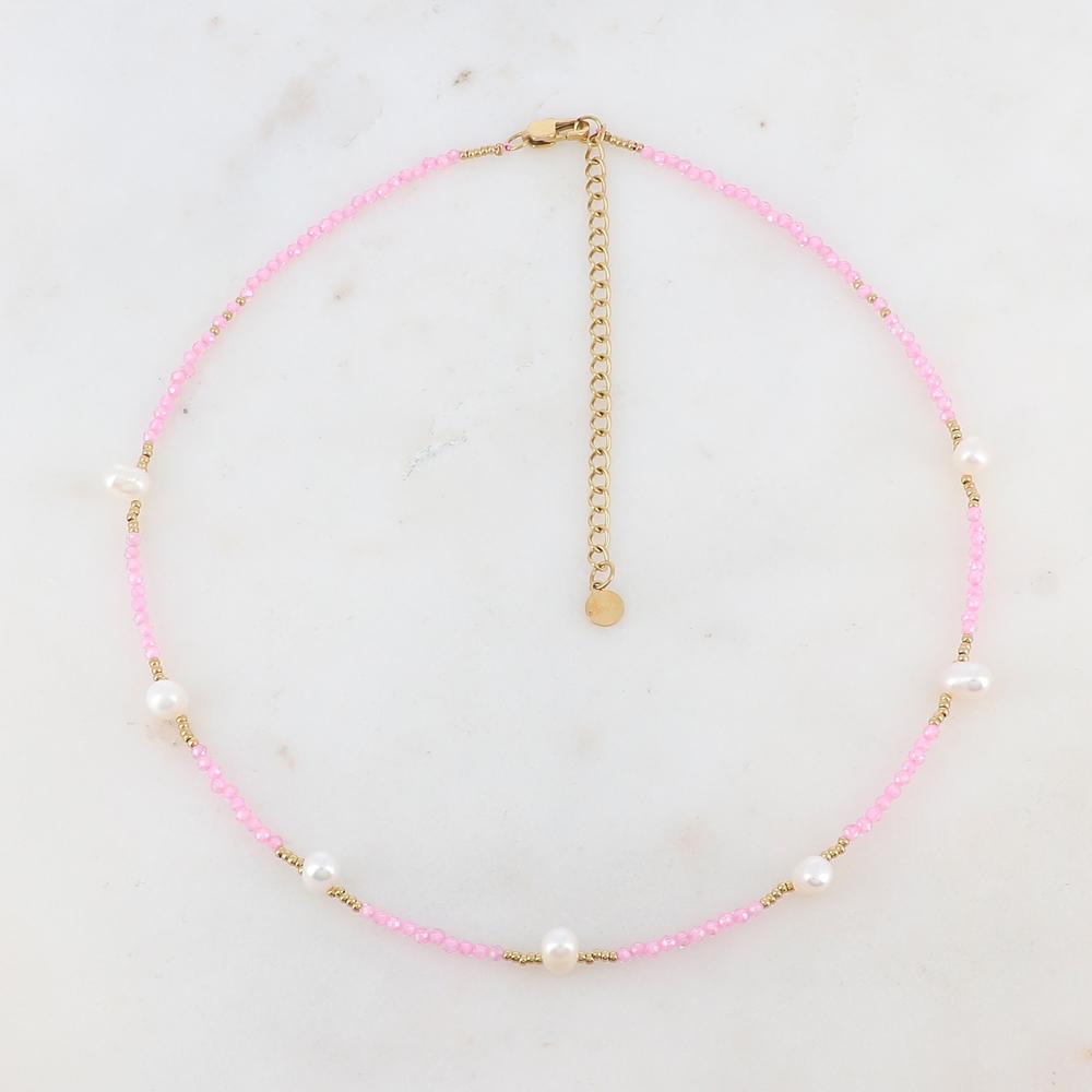 Collier doré orné de perles en pierre naturelle rose et perles d'eau douce 37+7 cm