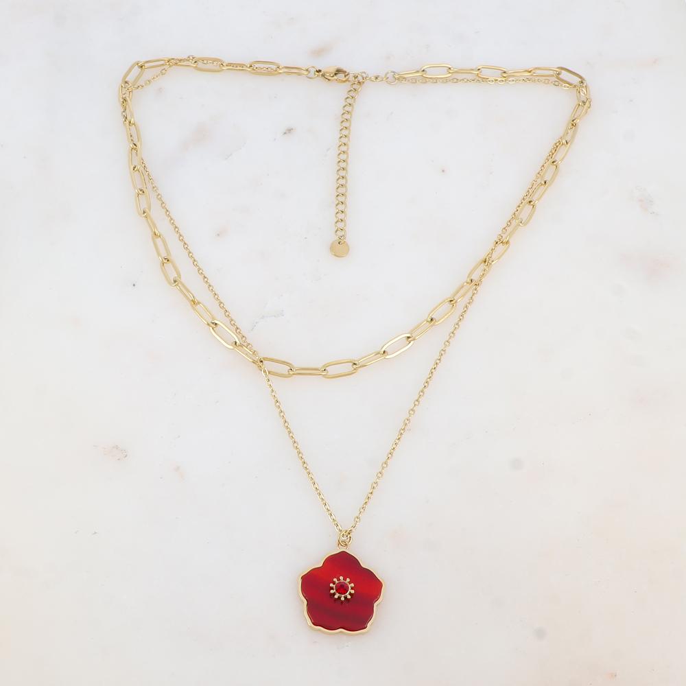 Collier double rangs avec pendentif fleur en pierre naturelle et strass (38/42+7CM)