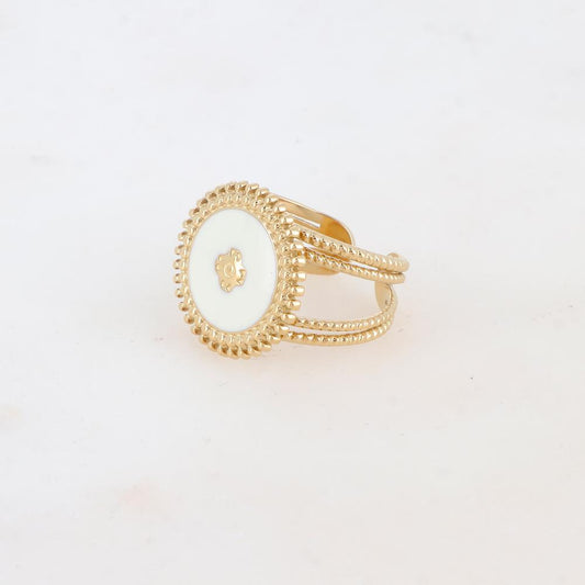 Bague avec pièce ronde émaillée, fleur gravée - Blanc