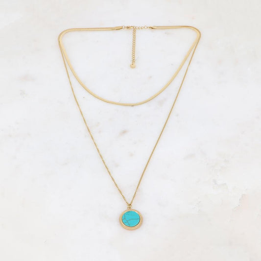 Collier 2 rangs avec une pampille ronde ornée d'une pierre howlite turquoise 39/56+7 cm