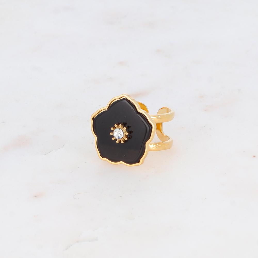 Bague double rangs avec fleur en pierre naturelle et strass - Onyx