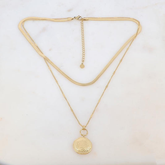 Collier 2 rangs avec maille miroir, petit anneau et pendentif rond martelé (40/48+7CM)