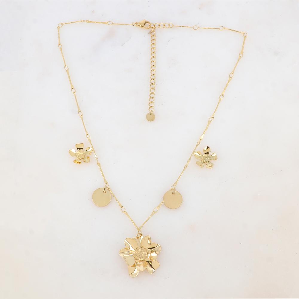 Collier avec 3 fleurs et 2 pampilles lisses (39+7CM)