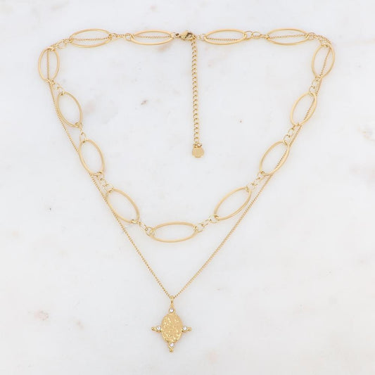 Collier 2 rangs composé d'un pendent orné de strass blancs 38/42+7 cm