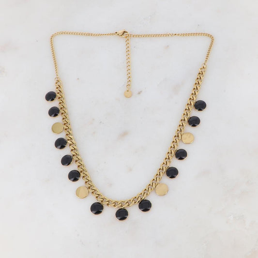 Collier en maille gourmette doré embelli de pampilles rondes émaillées noires 38+5 cm