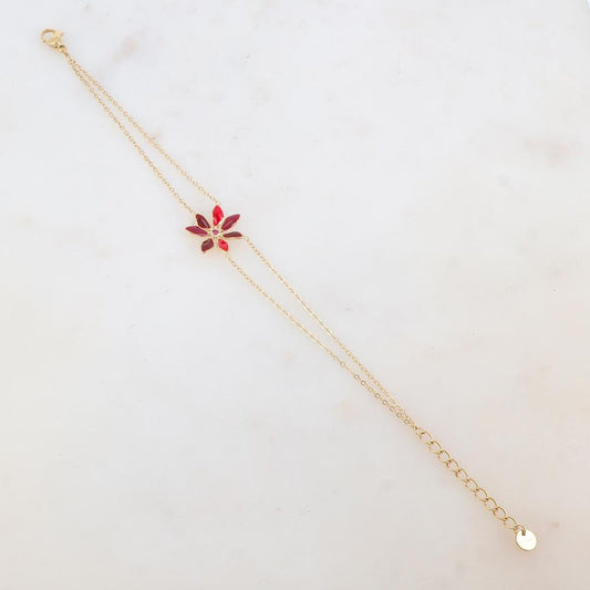 Bracelet deux rangs avec pendant fleur émaillée et strass