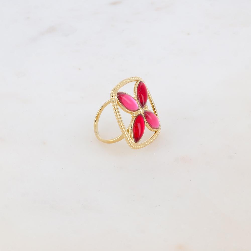 Bague fine avec anneau et 4 pâtes de verre - Rouge