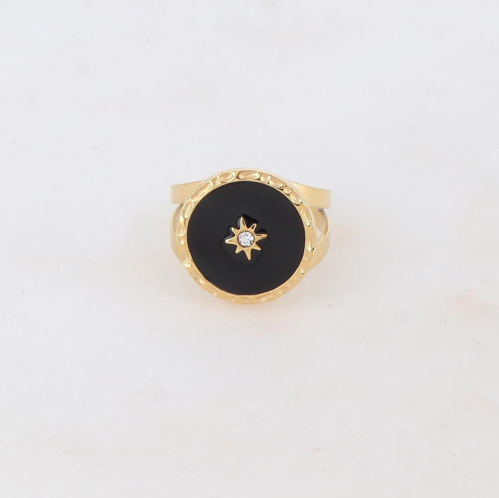 Bague avec pièce ronde émaillée, étoile et strass - Noir
