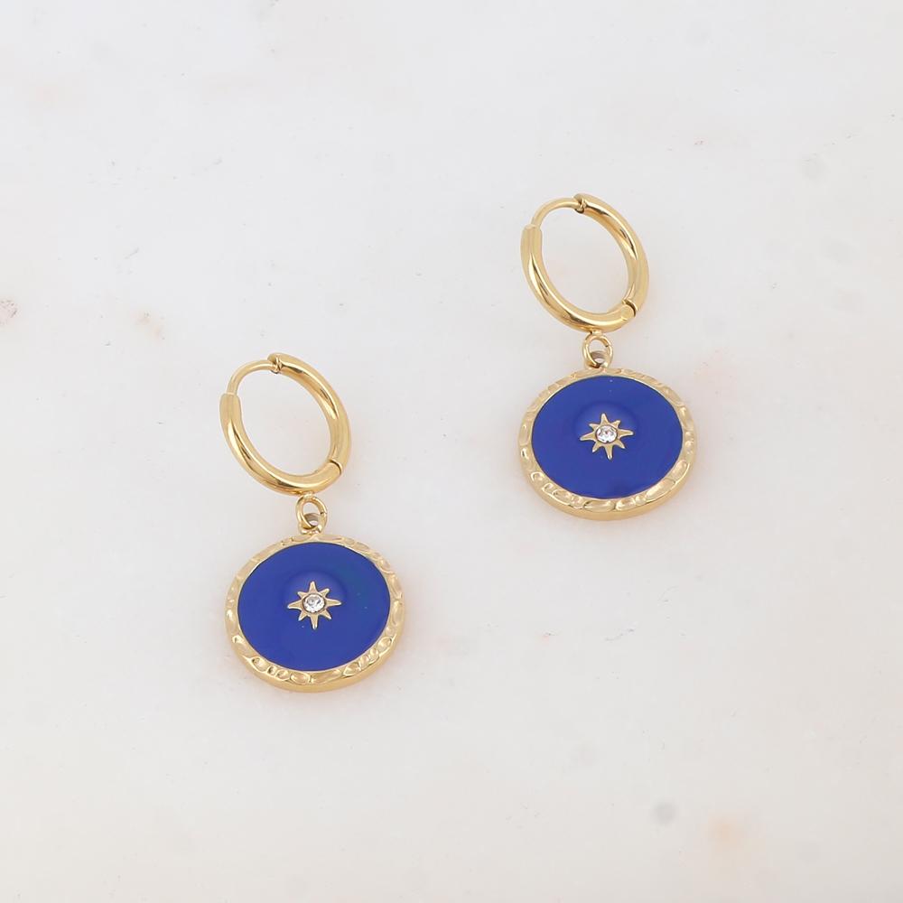 Créoles avec pendentif rond émaillé, étoile et strass 1,6 x 3,3CM.