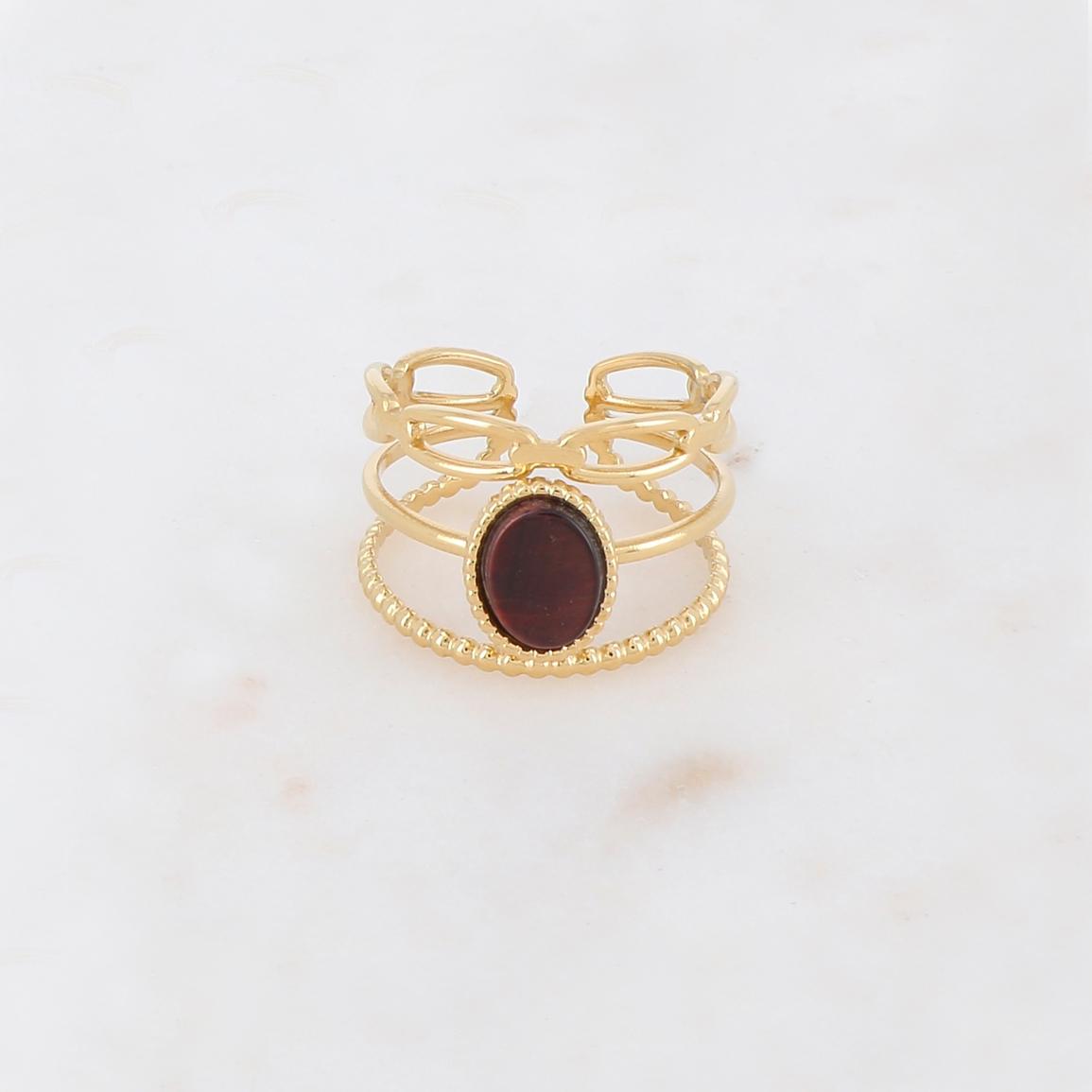 Bague 3 rangs avec pierre naturelle ovale - Œil de tigre