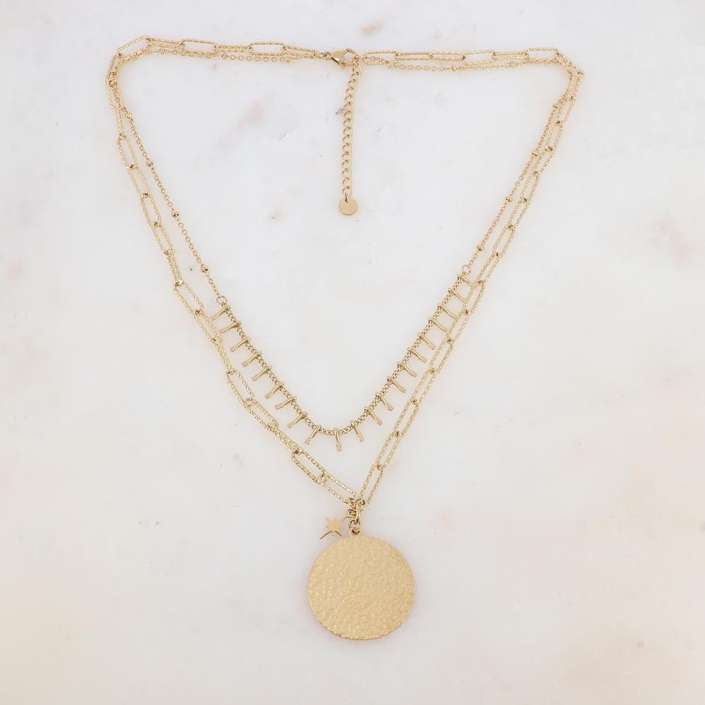 Collier 2 rangs en maille avec picots, pendentif rond martelé et pampille étoile (38/45+5CM)