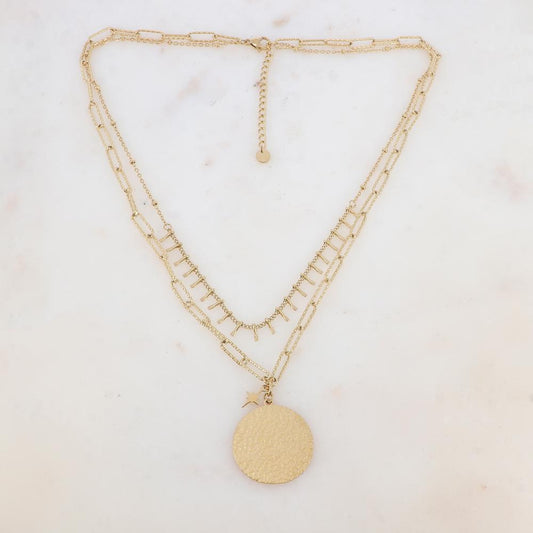 Collier 2 rangs en maille avec picots, pendentif rond martelé et pampille étoile (38/45+5CM)