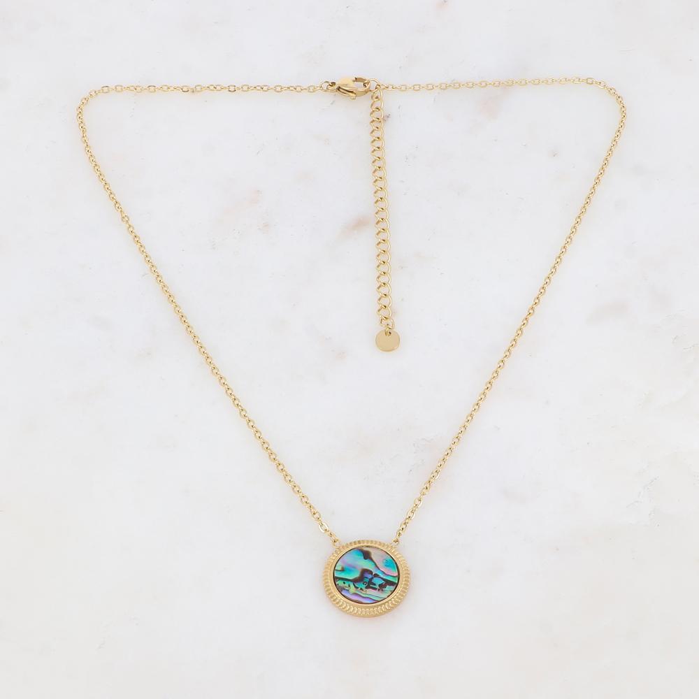 Collier doré avec une pampille ronde ornée d'une nacre abalone 39+7 cm