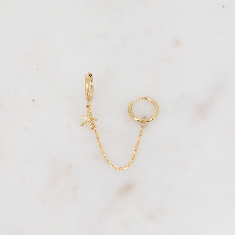 Mono créole avec chaîne, pampille étoile de mer Longueur chaîne : 5,5 cm. Diamètre créoles: 1,2 cm