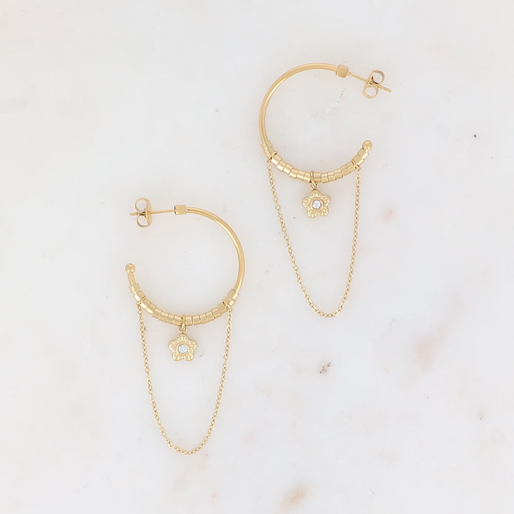 Créoles à puce avec chaînes tombantes, petites rondelles et pampille fleur strassée 2,8 x 6 cm.