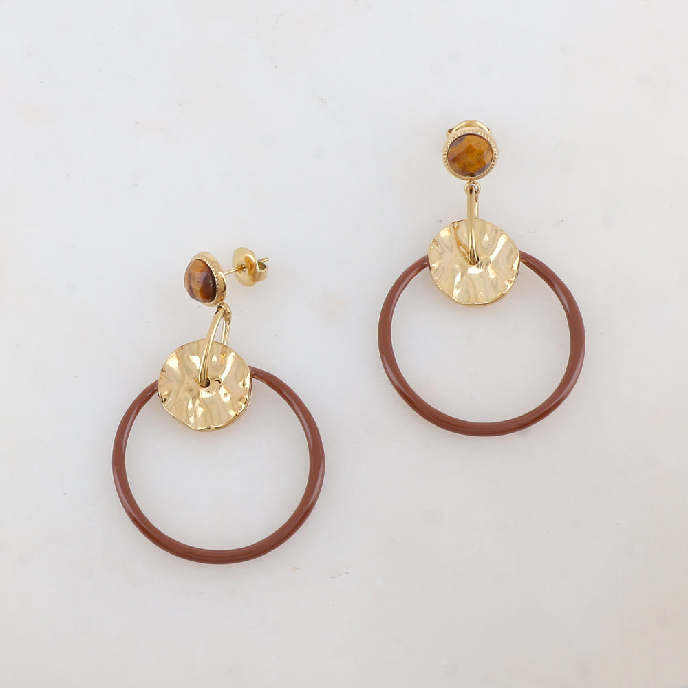 B.O à puce avec anneau émaillé, pampille ronde ondulée et pierre naturelle 3 x 4,8 cm.