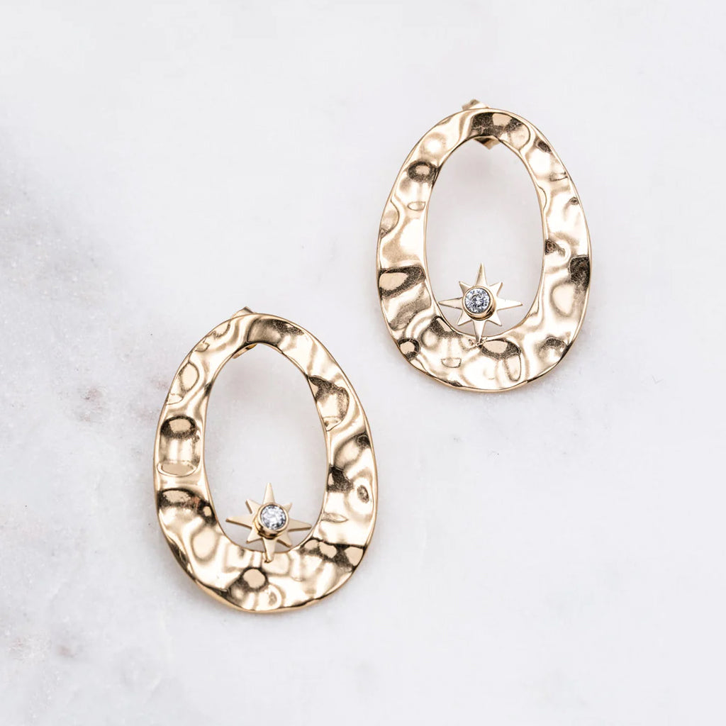 B.O à puce en forme graphique martelé et petite étoile avec strass 2,7 x 3,6 cm