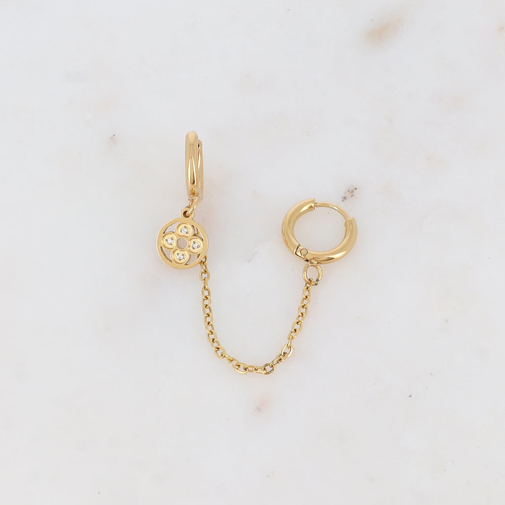 Mono créole avec chaîne, pampille ajourée et strass Longueur chaîne : 5 cm. Diamètre créoles: 1,2 cm