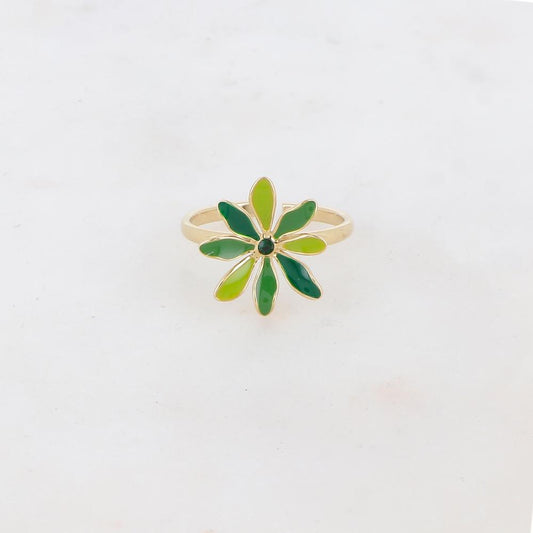Bague fine avec fleur et strass - Vert mix