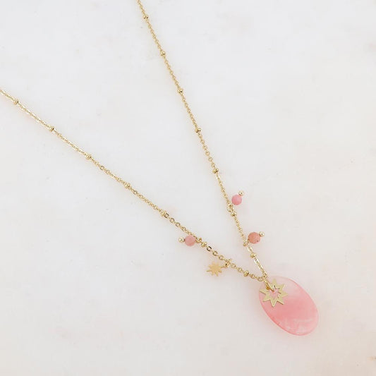 Collier avec pampilles étoiles et pierre agate rose 45+5 cm