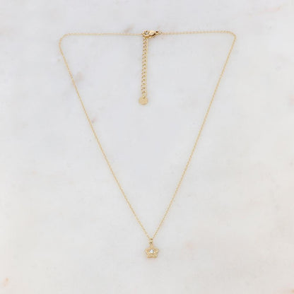 Collier doré avec un pendentif fleur serti d'un strass blanc 41+5 cm