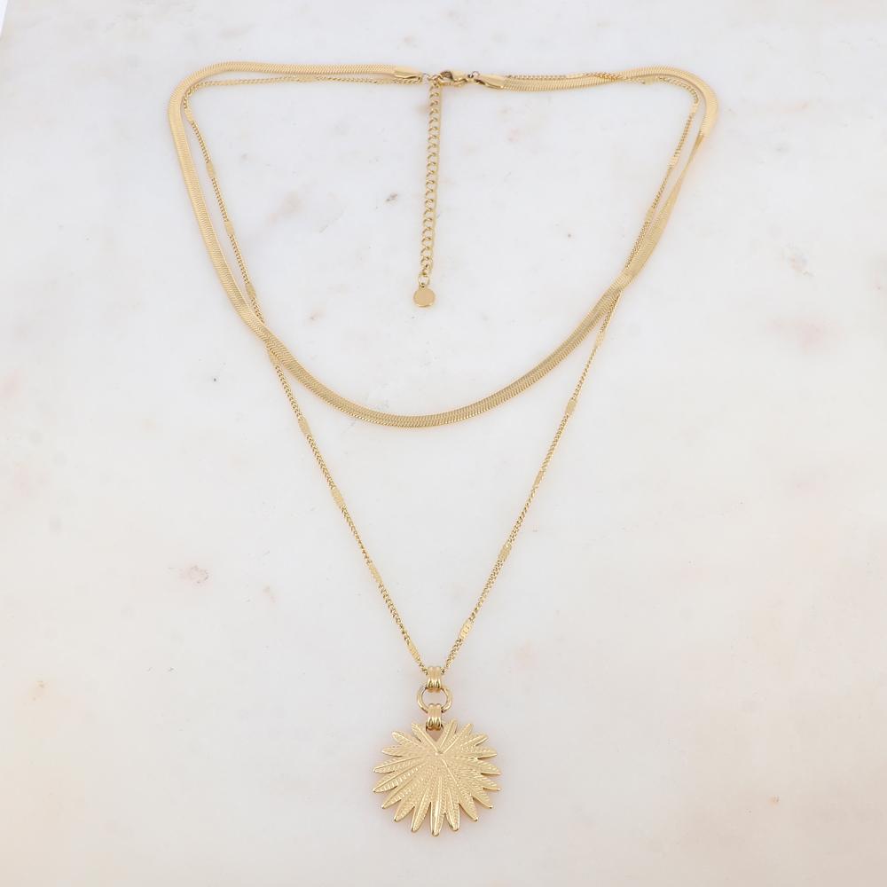 Collier 2 rangs avec maille miroir, pendentif feuillage (40/48+7CM)