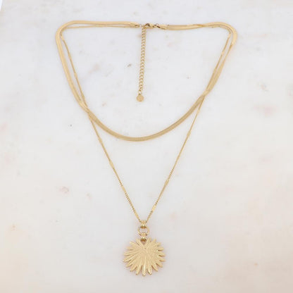 Collier 2 rangs avec maille miroir, pendentif feuillage (40/48+7CM)