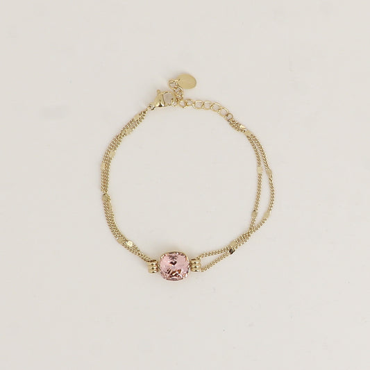 Bracelet double rangs - Orné d’un cristal de Swarovski® de 10 mm - Taille bracelet : 16+3 cm - Vintage rose