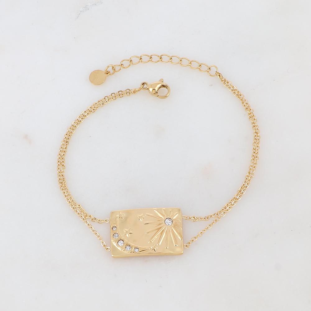 Bracelet deux rangs avec soleil, lune, étoile et strass