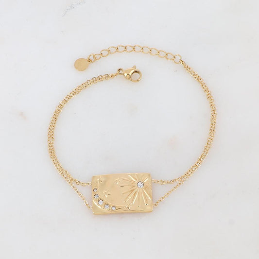 Bracelet deux rangs avec soleil, lune, étoile et strass